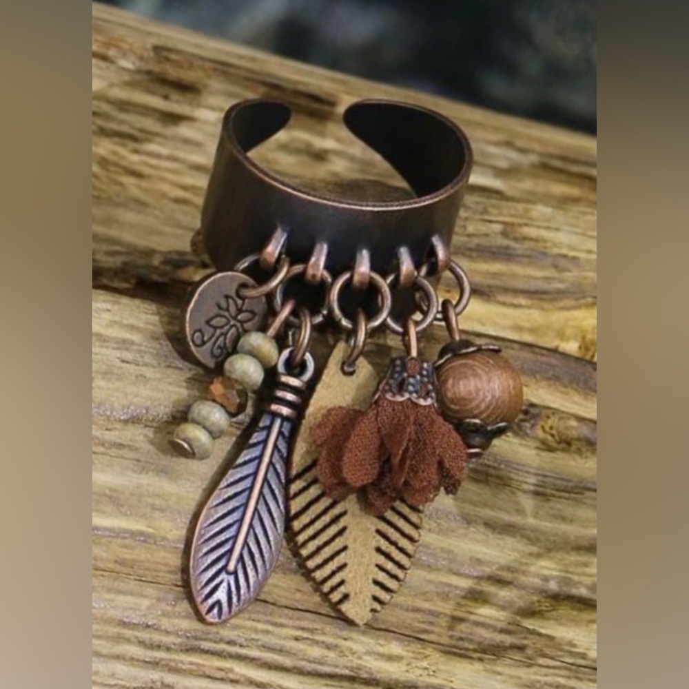 Bohemian Hippie Dangling Charms Wood Bead Feather Fabric Flower Copper Adj Ring - Picture 3 of 16
